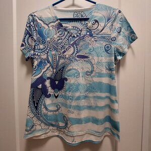 CHICO'S Women's Blue/White Graphic Print Short Sleeves Tee-Shirt- Medium